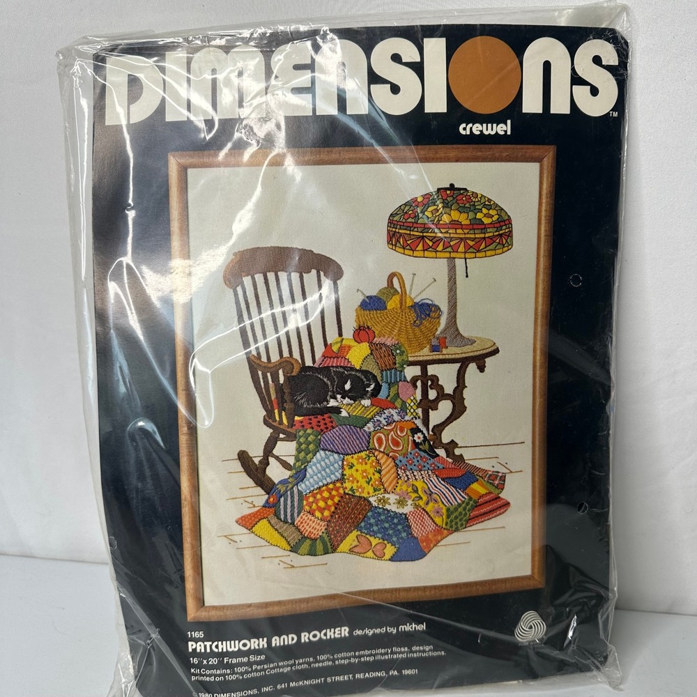 Vintage 1980 Dimensions Crewel Kit Patchwork and Rocker 1165 Cat Quilt 16x20 NEW